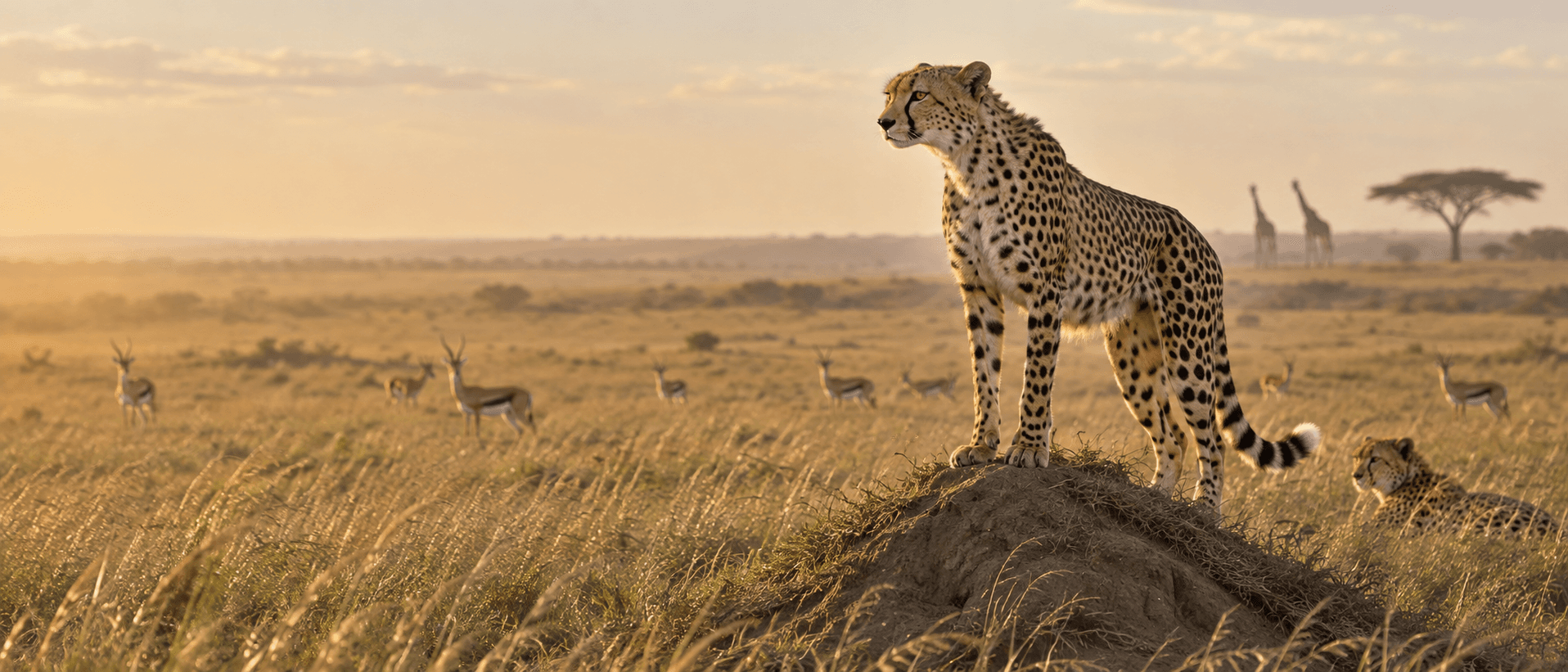 Two cheetahs on the open Maasai Mara plains in warm late-afternoon light