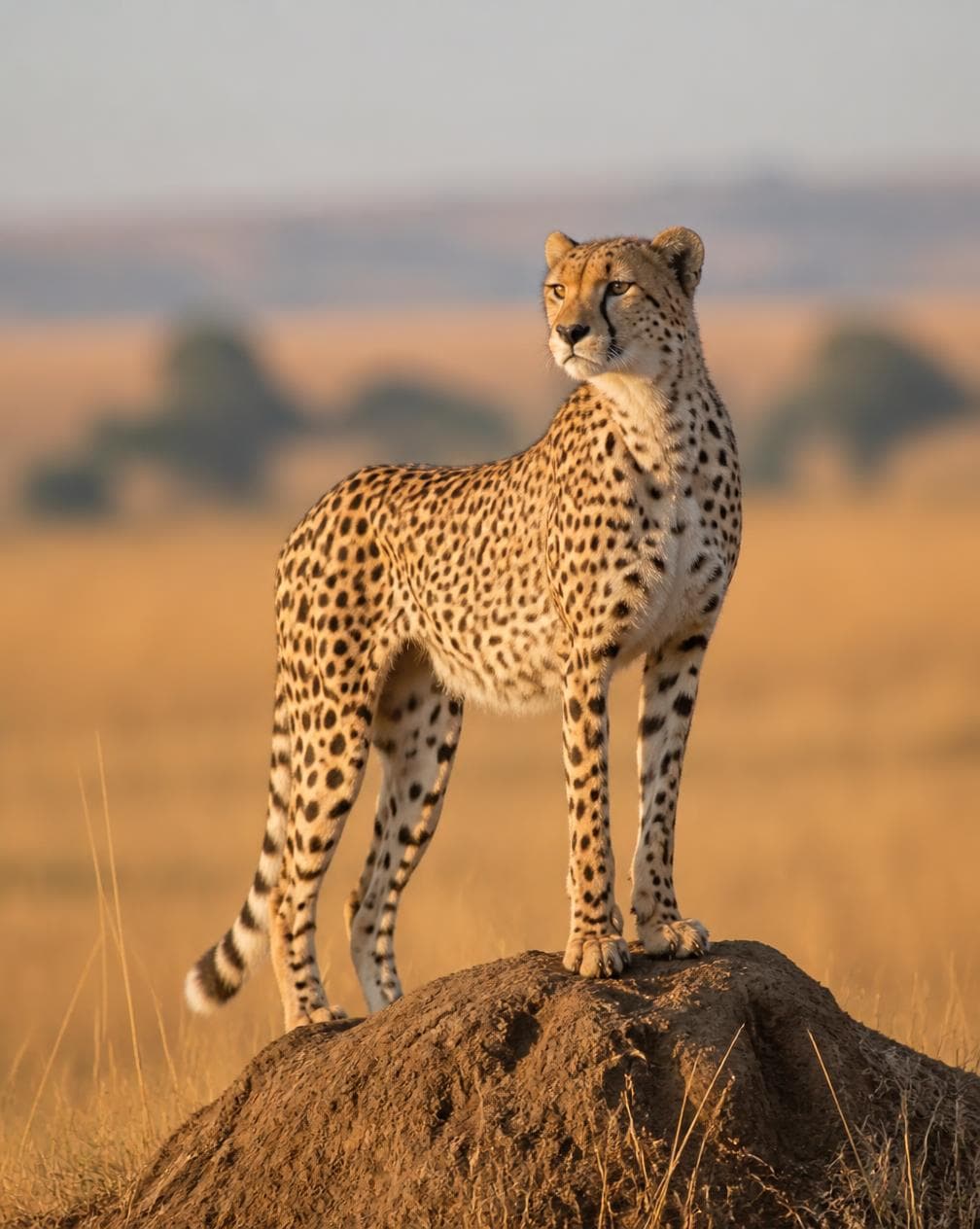 Cheetah standing on a termite mound and scanning the plains