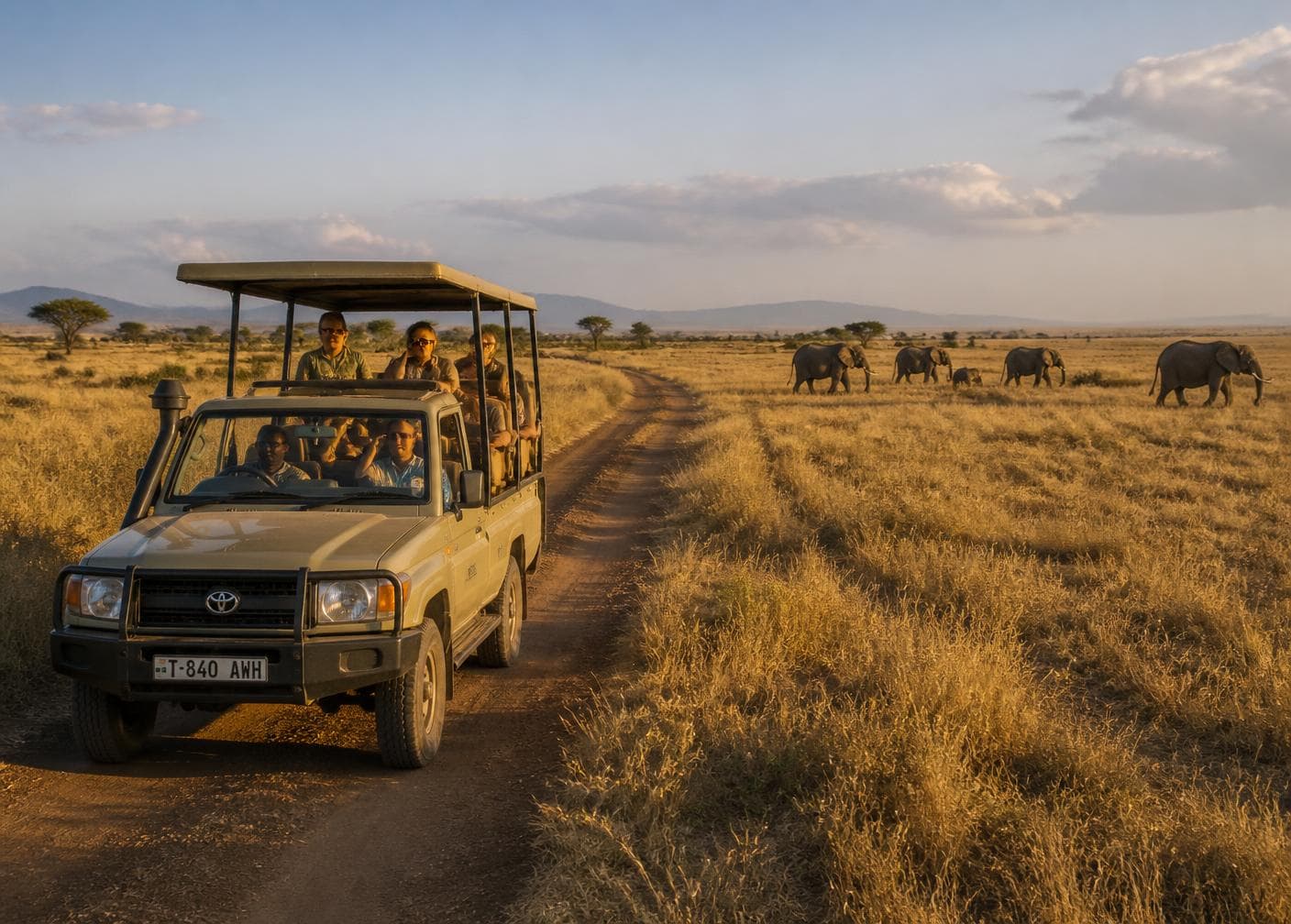 Open-sided 4x4 Land Cruiser on a dirt track through dry grassland