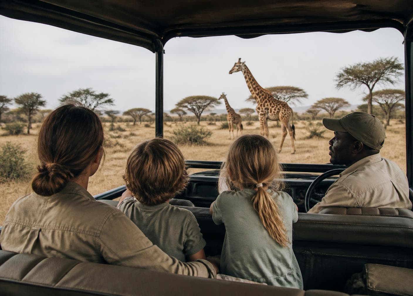 A family watching giraffes from a safari vehicle
