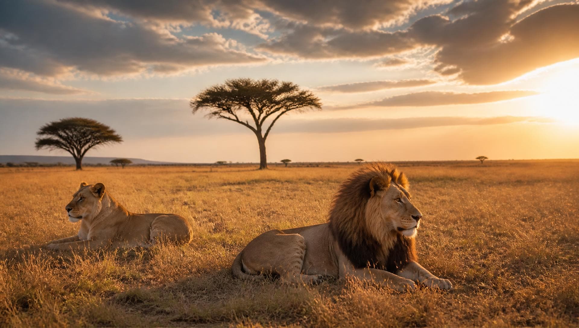 Lions resting on open grassland beneath an acacia tree at golden hour