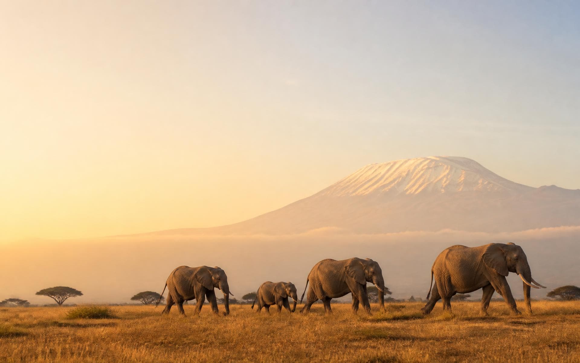 Elephants crossing dry plains with Kilimanjaro on the horizon