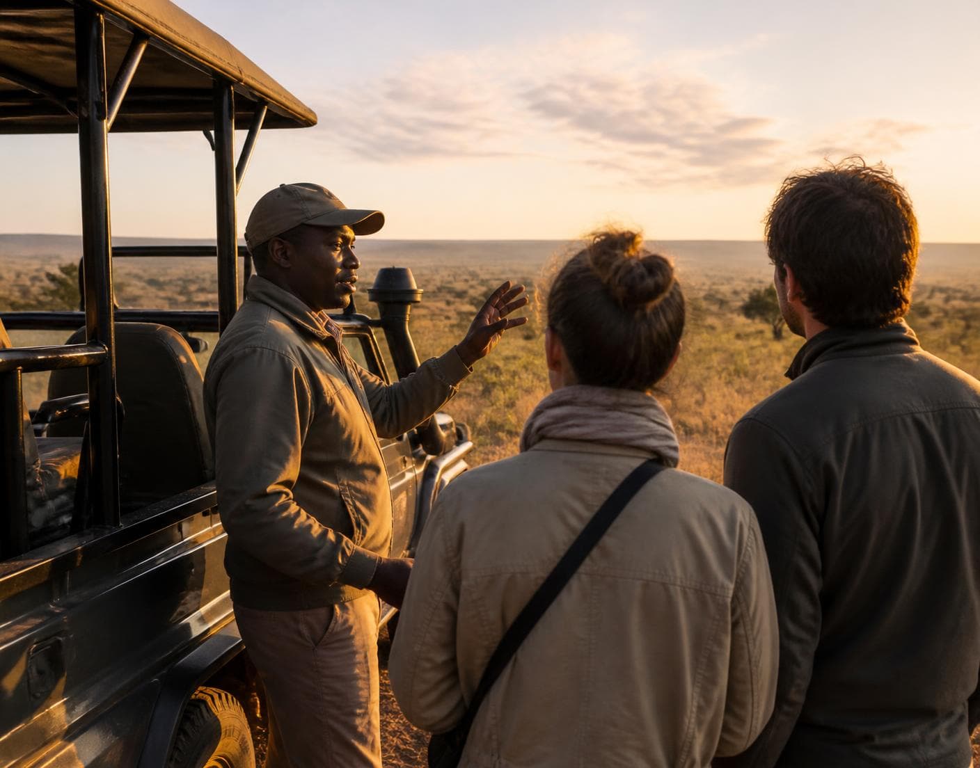 Safari guide talking with two guests on a lodge deck at sunset
