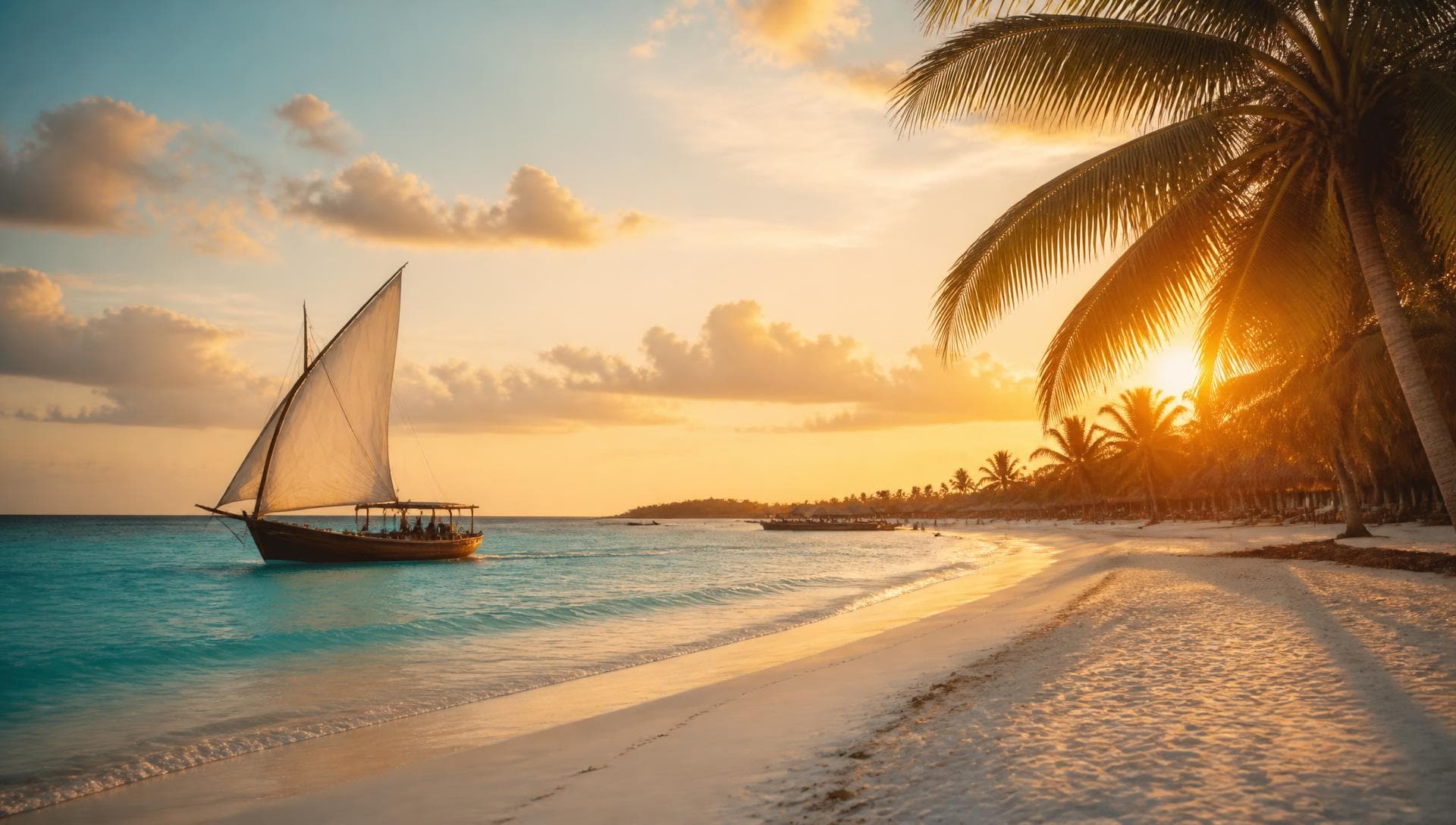 Dhow sailing past a palm-lined white sand beach at sunset
